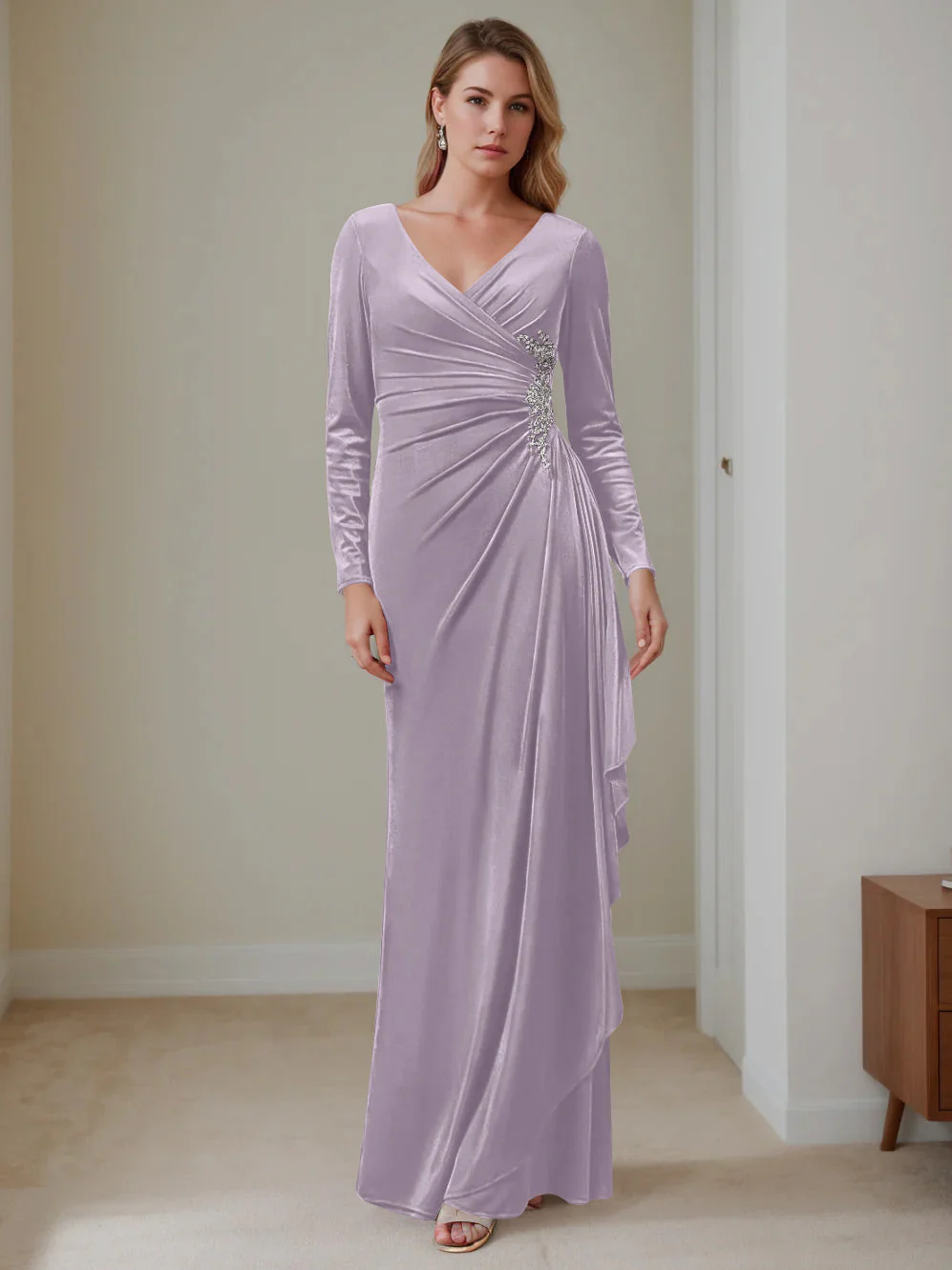 A-Line/Princess V-Neck Long Sleeves Floor-Length Velvet Mother of the Bride Dresses with Ruffles - Image 14