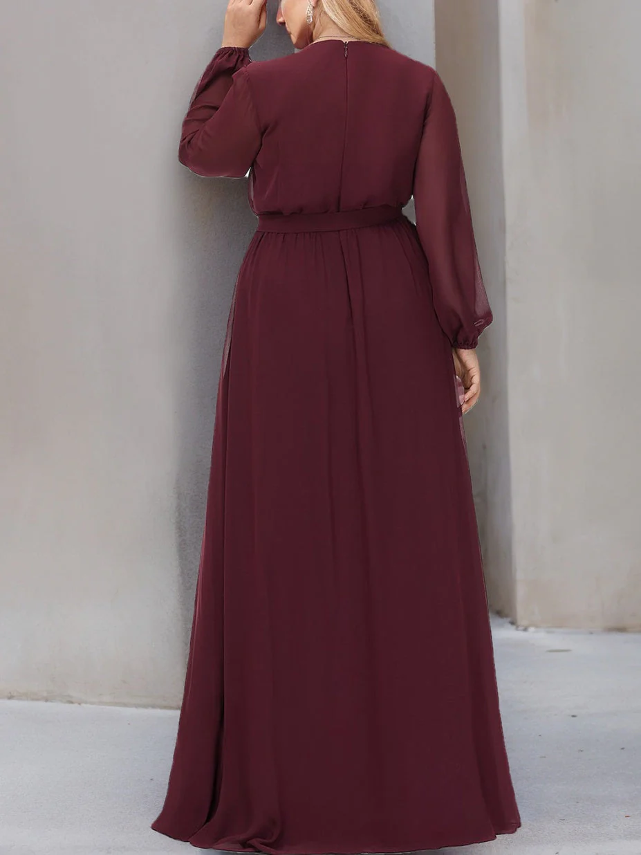 A-Line/Princess V-Neck Long Sleeves Floor-Length Plus Size Bridesmaid Dresses with Pleated - Image 2