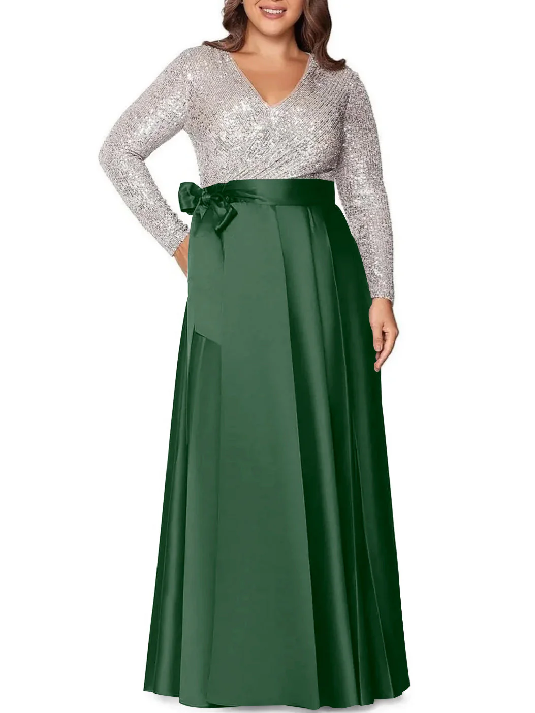 A-Line/Princess V-Neck Long Sleeves Floor-Length Plus Size Mother of the Bride Dresses With Pocket Sequins - Image 3