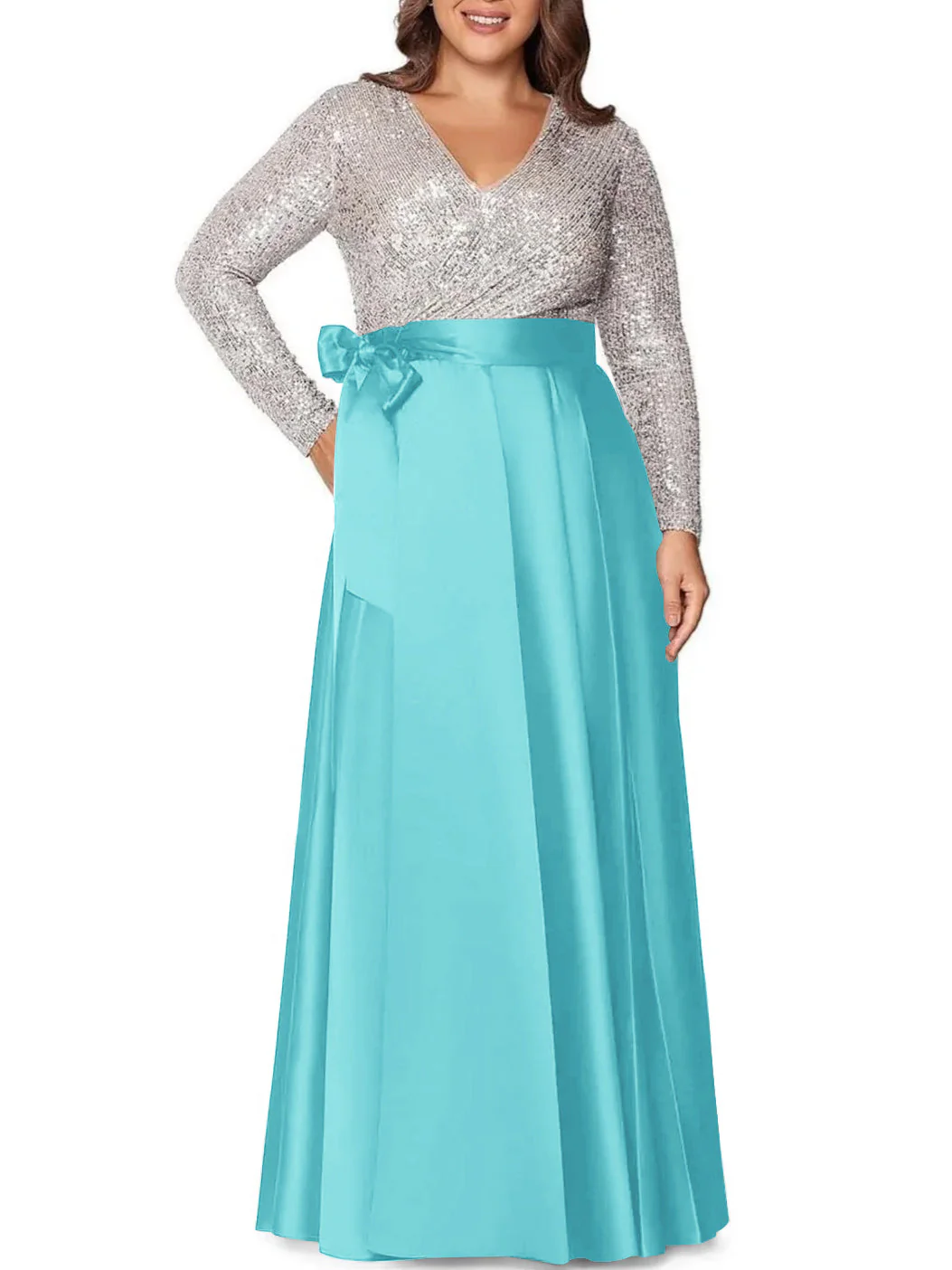 A-Line/Princess V-Neck Long Sleeves Floor-Length Plus Size Mother of the Bride Dresses With Pocket Sequins - Image 4
