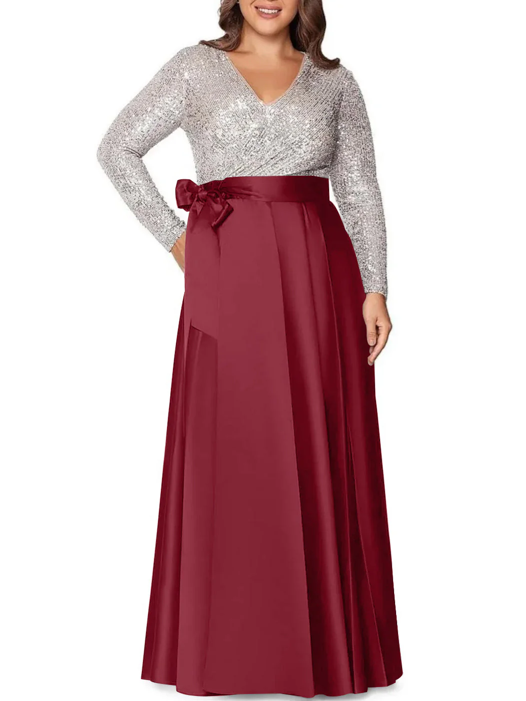 A-Line/Princess V-Neck Long Sleeves Floor-Length Plus Size Mother of the Bride Dresses With Pocket Sequins - Image 5
