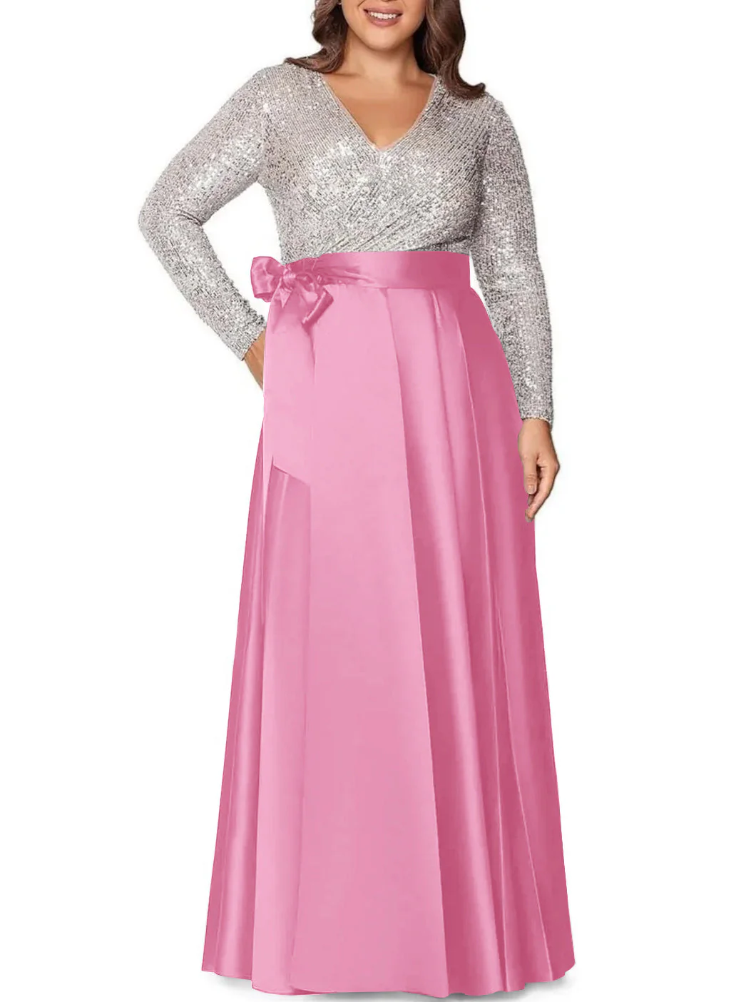 A-Line/Princess V-Neck Long Sleeves Floor-Length Plus Size Mother of the Bride Dresses With Pocket Sequins - Image 7