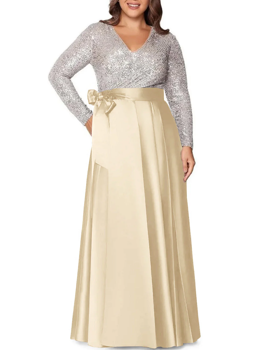 A-Line/Princess V-Neck Long Sleeves Floor-Length Plus Size Mother of the Bride Dresses With Pocket Sequins - Image 9