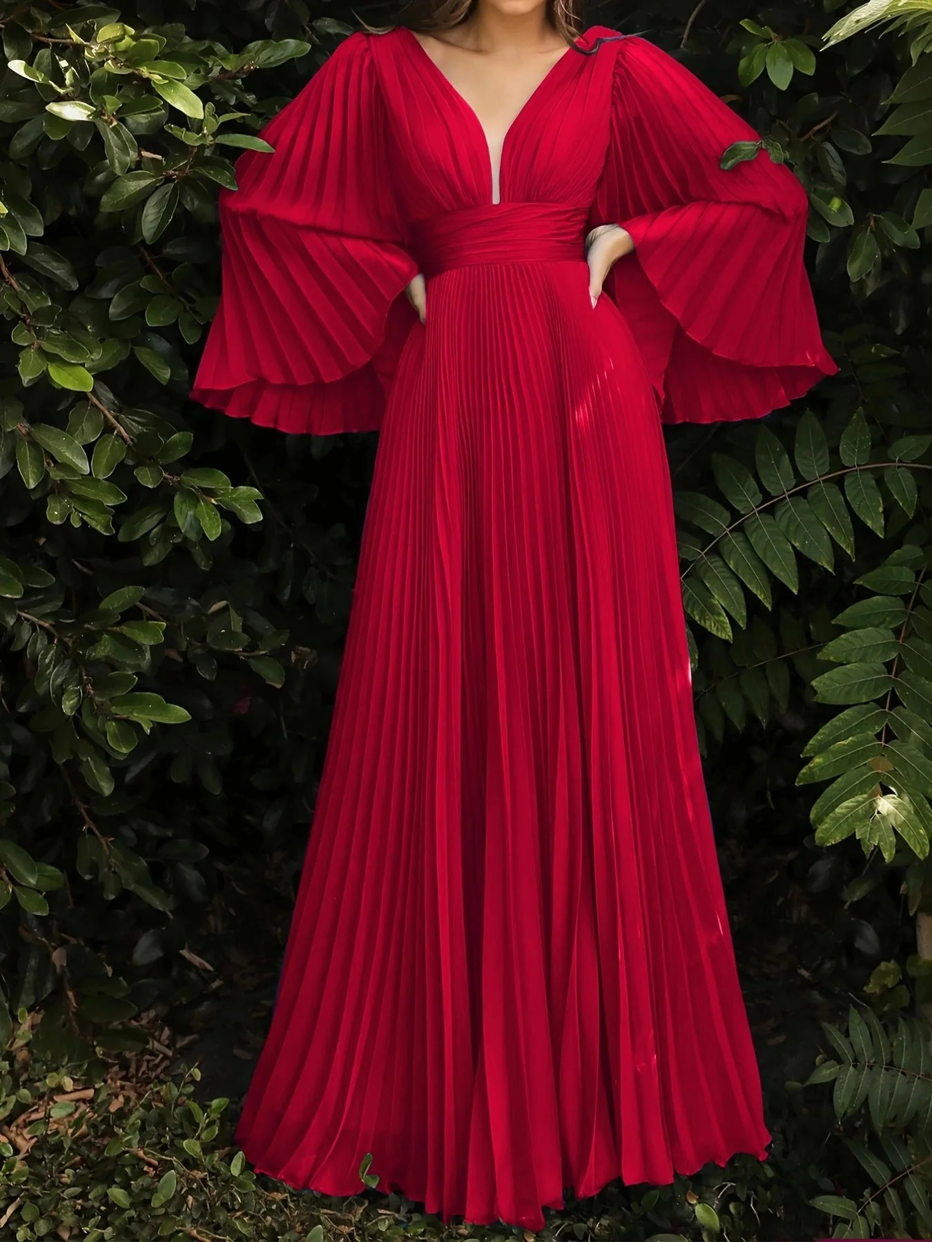 A-Line/Princess V-Neck Long Sleeves Floor-Length Wedding Guest Dresses with Pleats - Image 3