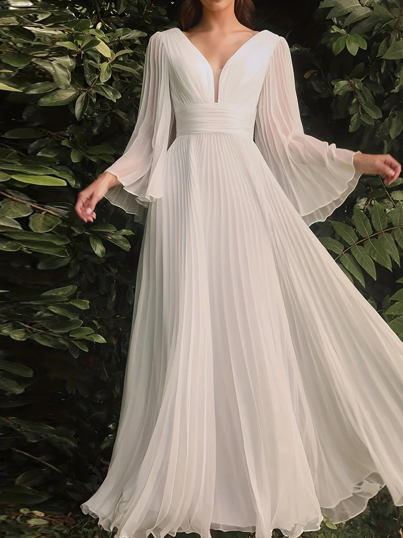 A-Line/Princess V-Neck Long Sleeves Floor-Length Wedding Guest Dresses with Pleats - Image 6
