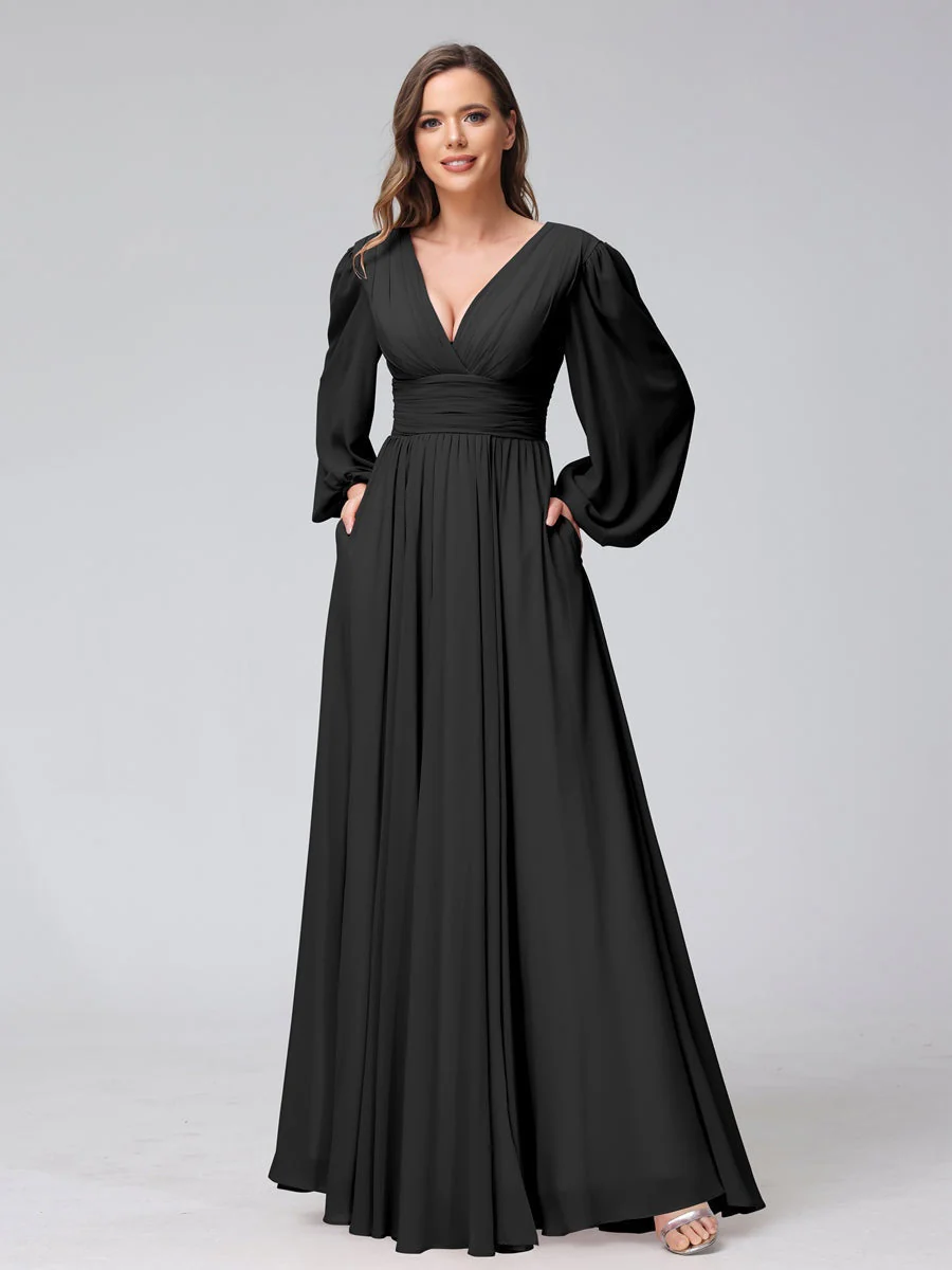 A-Line/Princess V-Neck Long Sleeves Floor-Length Bridemaid Dresses With Split Side & Pockets - Image 18
