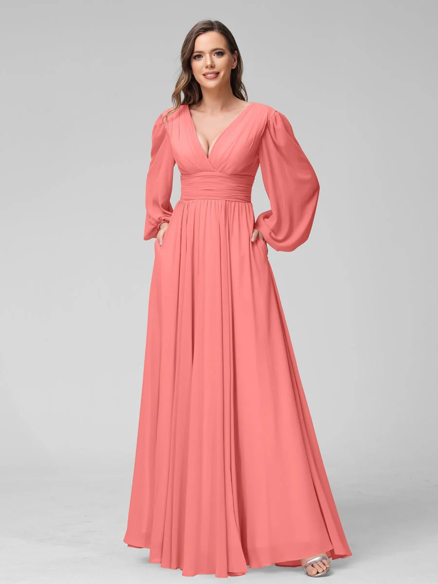 A-Line/Princess V-Neck Long Sleeves Floor-Length Bridemaid Dresses With Split Side & Pockets - Image 32