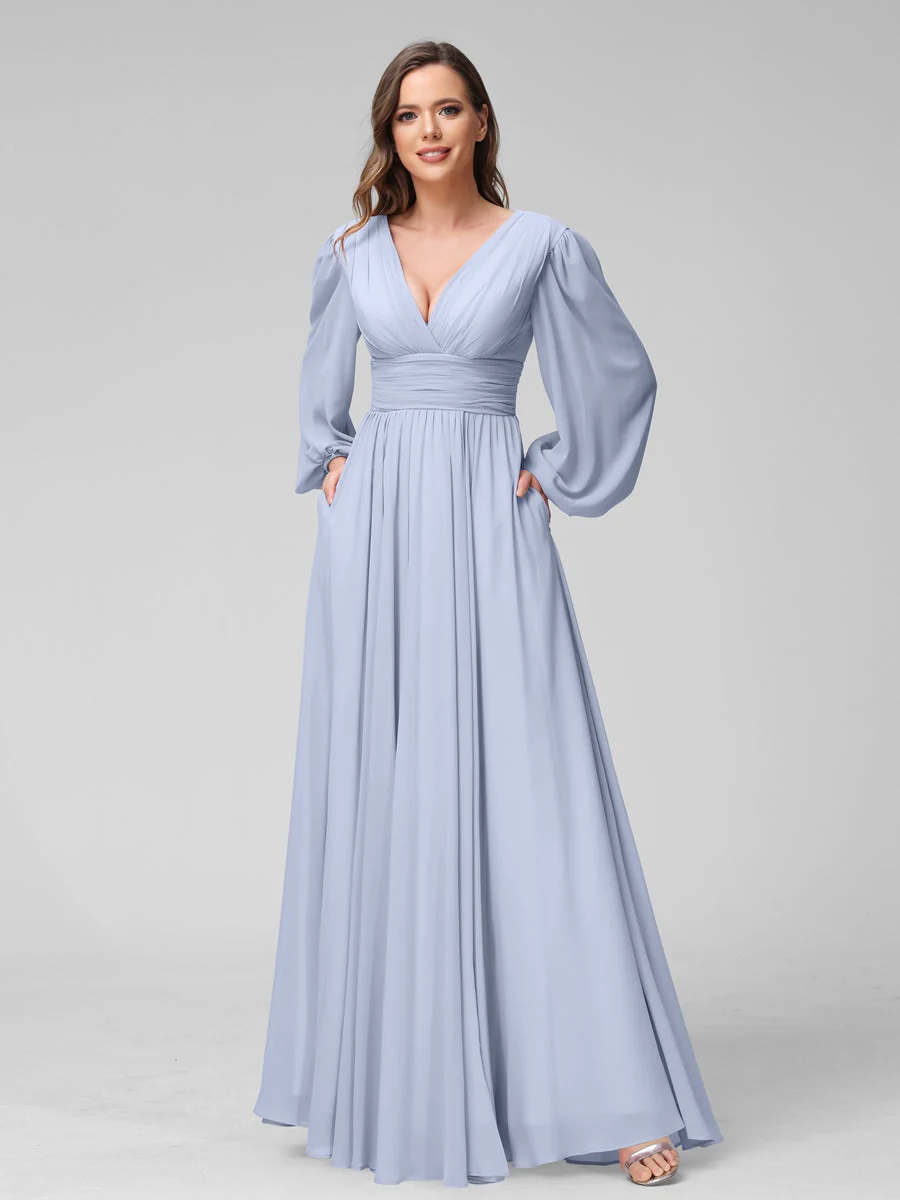 A-Line/Princess V-Neck Long Sleeves Floor-Length Bridemaid Dresses With Split Side & Pockets - Image 48