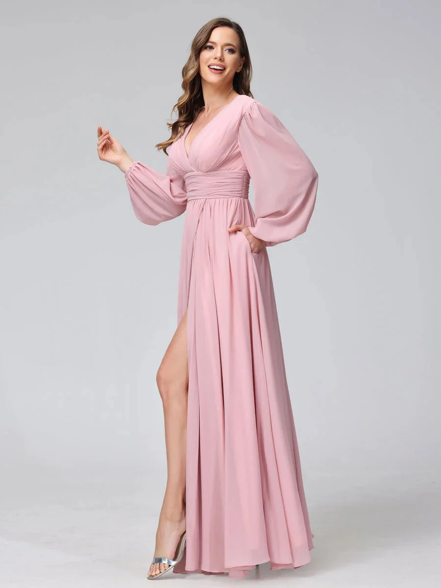 A-Line/Princess V-Neck Long Sleeves Floor-Length Bridemaid Dresses With Split Side & Pockets - Image 5