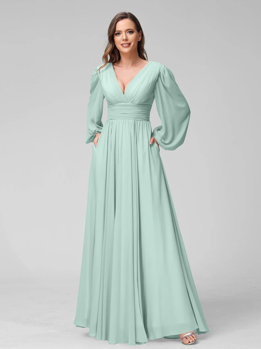 A-Line/Princess V-Neck Long Sleeves Floor-Length Bridemaid Dresses With Split Side & Pockets - Image 60