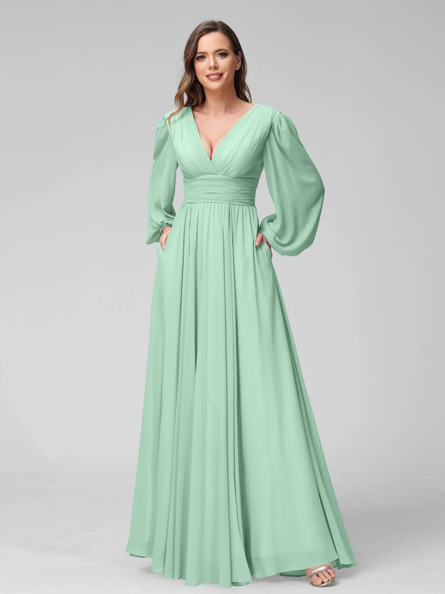 A-Line/Princess V-Neck Long Sleeves Floor-Length Bridemaid Dresses With Split Side & Pockets - Image 61