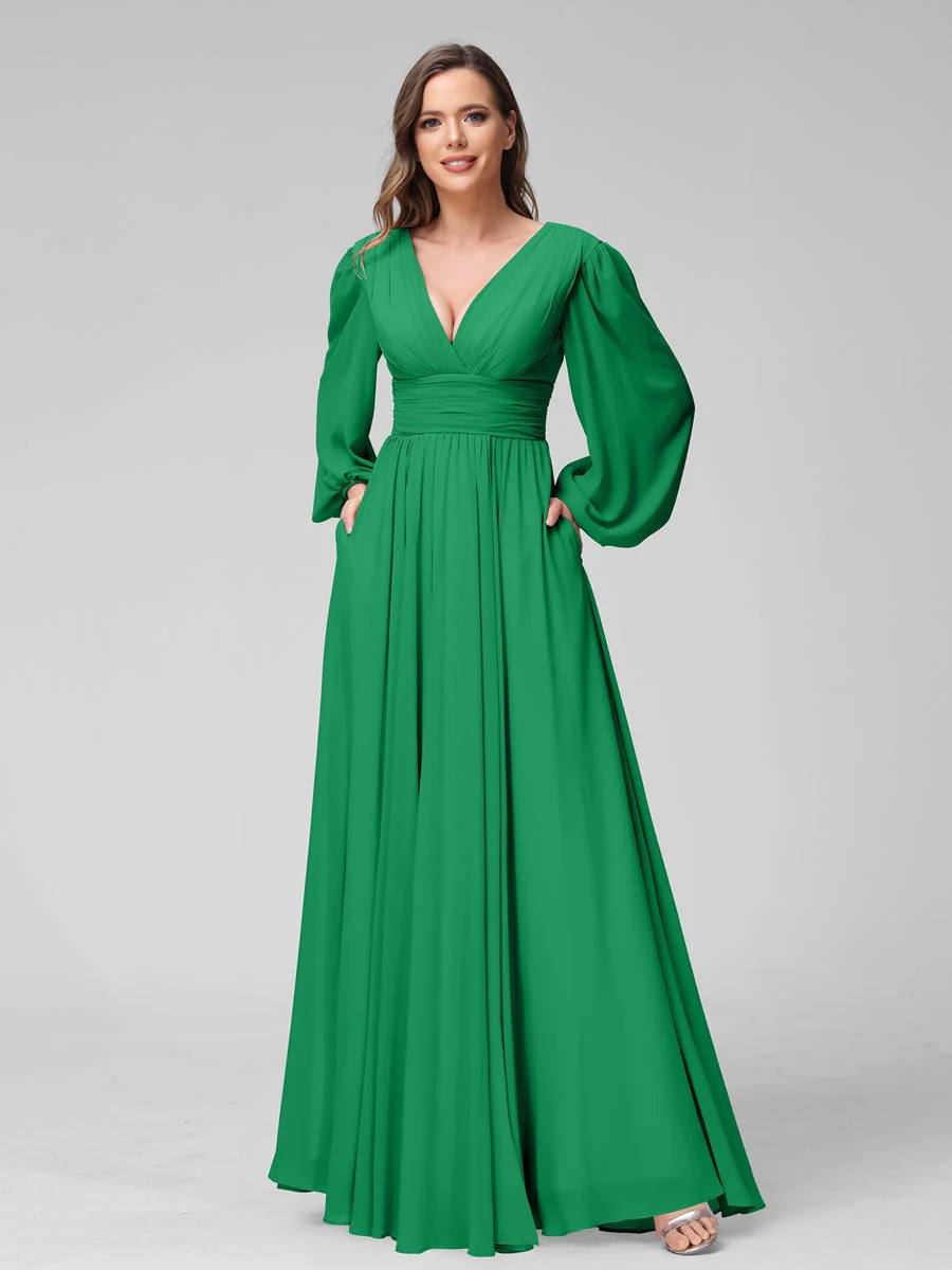 A-Line/Princess V-Neck Long Sleeves Floor-Length Bridemaid Dresses With Split Side & Pockets - Image 64