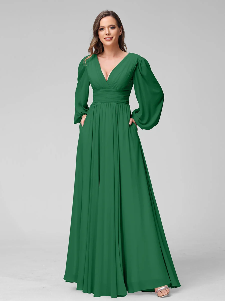 A-Line/Princess V-Neck Long Sleeves Floor-Length Bridemaid Dresses With Split Side & Pockets - Image 67