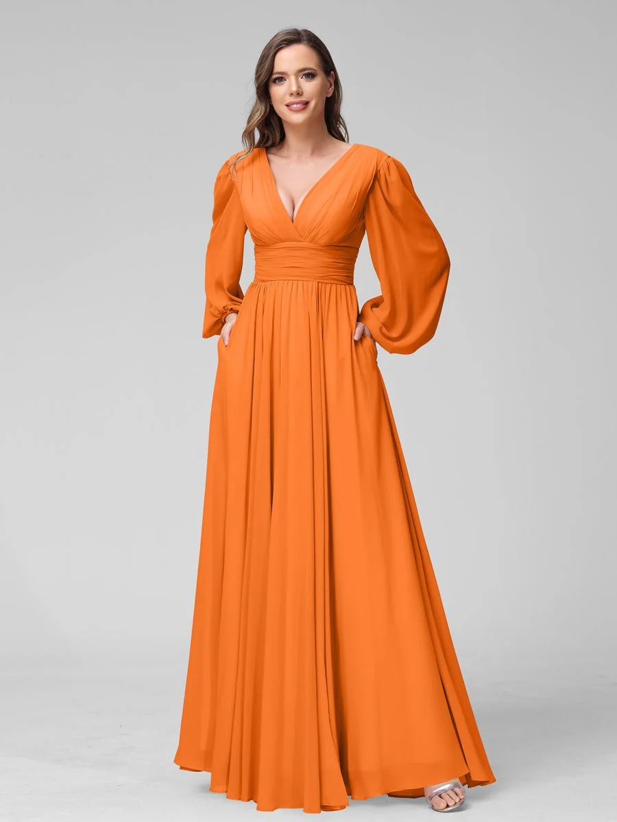 A-Line/Princess V-Neck Long Sleeves Floor-Length Bridemaid Dresses With Split Side & Pockets - Image 72