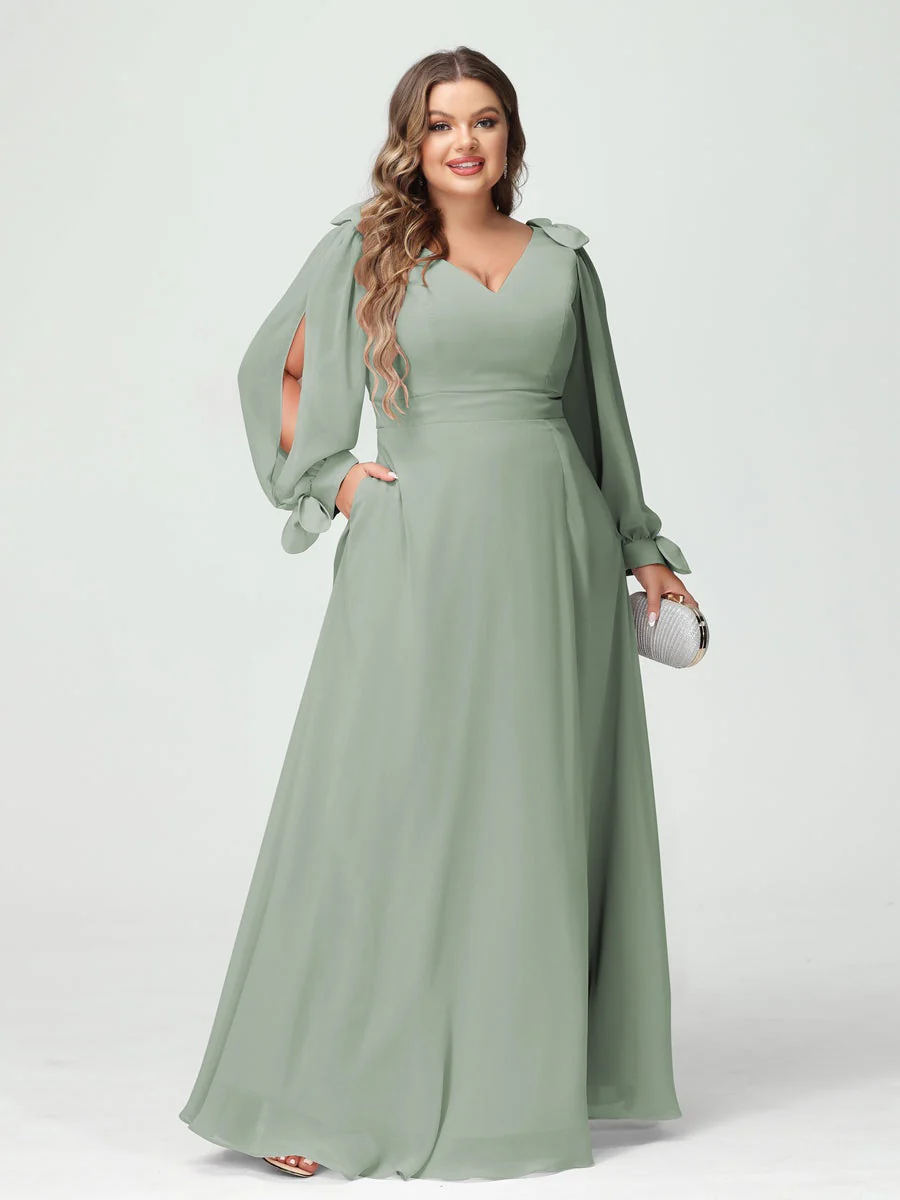 A-Line/Princess V-Neck Long Sleeves Plus Size Bridesmaid Dresses with Pockets & Split Side - Image 10