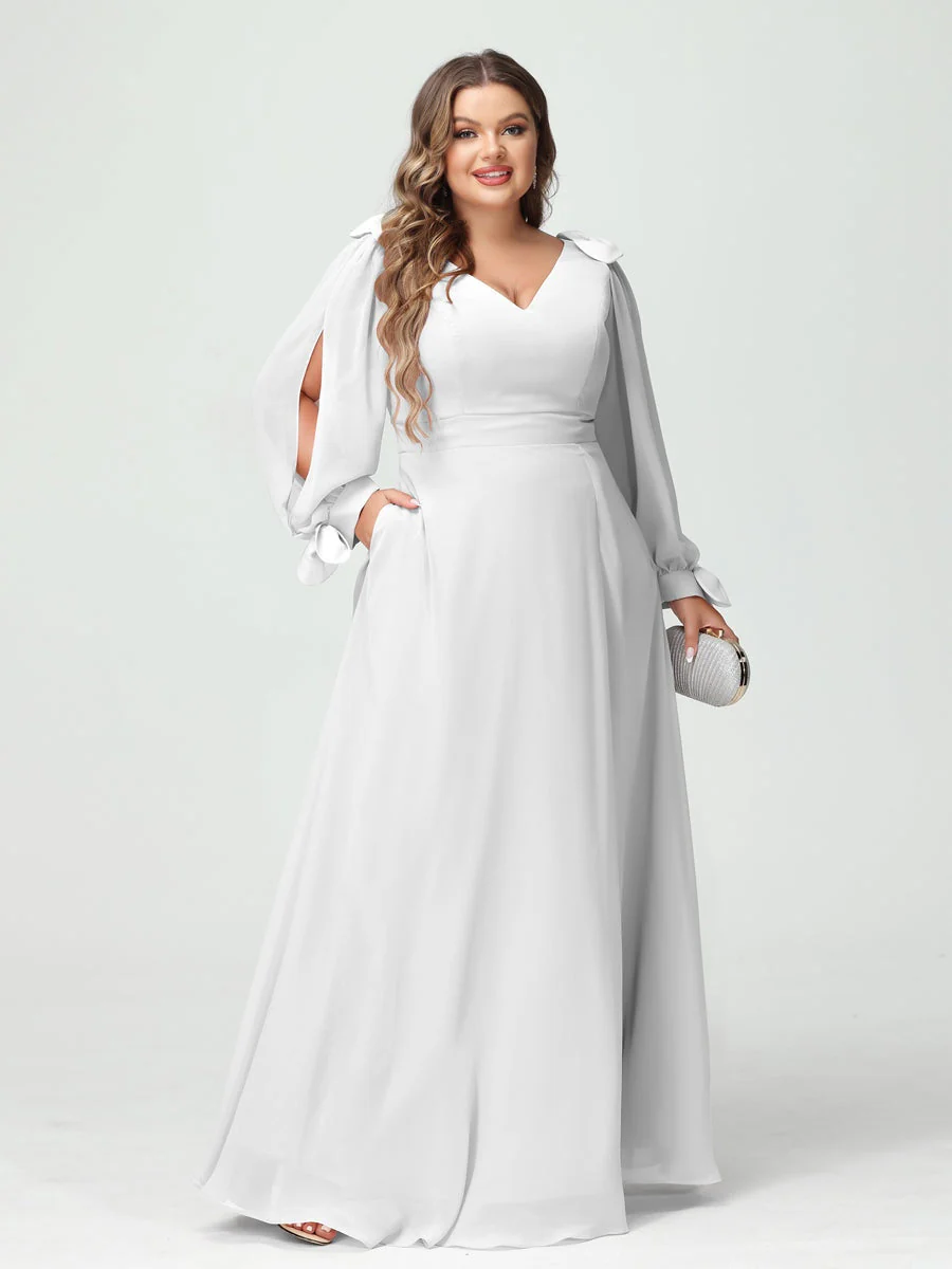 A-Line/Princess V-Neck Long Sleeves Plus Size Bridesmaid Dresses with Pockets & Split Side - Image 20