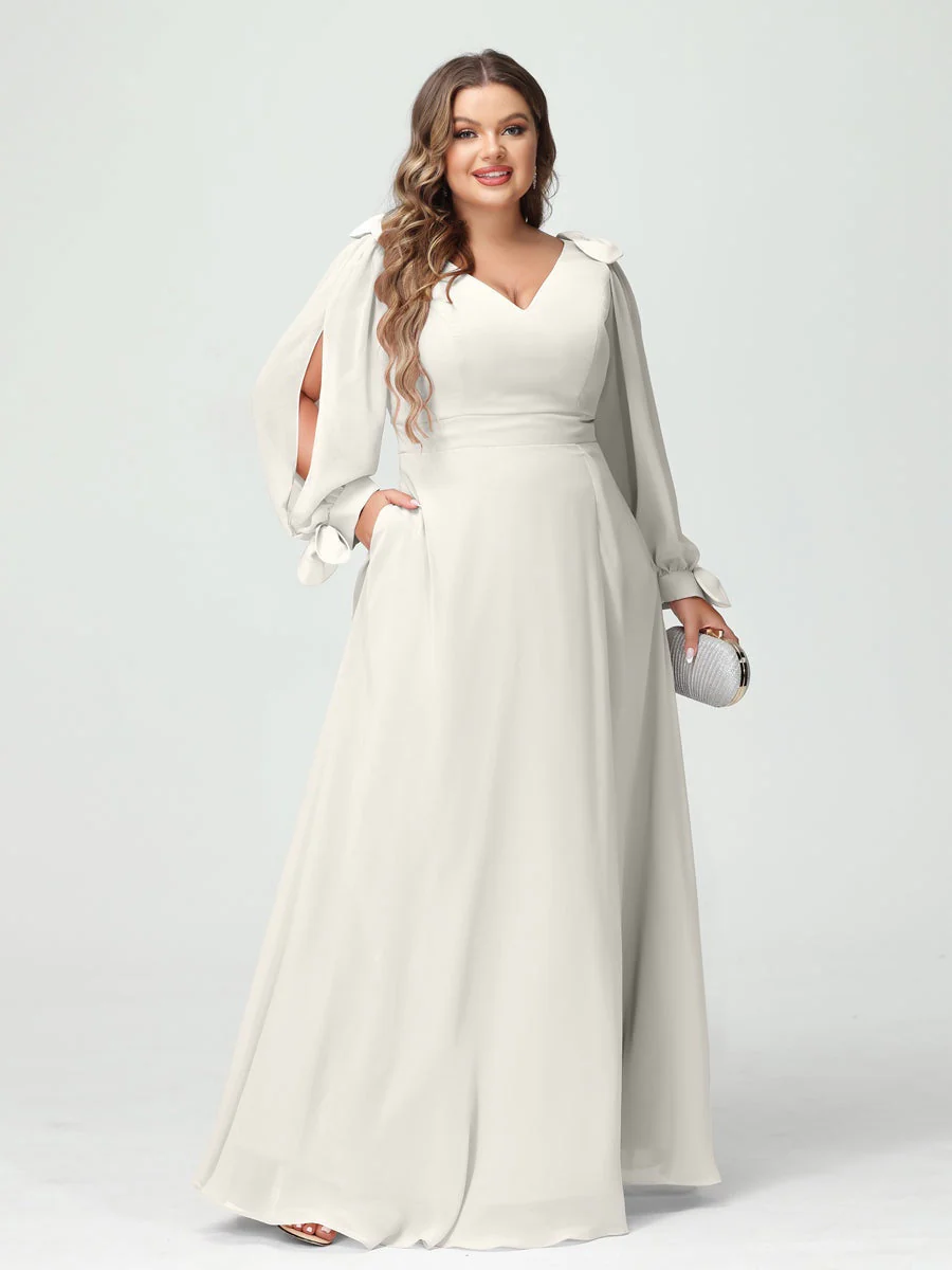 A-Line/Princess V-Neck Long Sleeves Plus Size Bridesmaid Dresses with Pockets & Split Side - Image 21