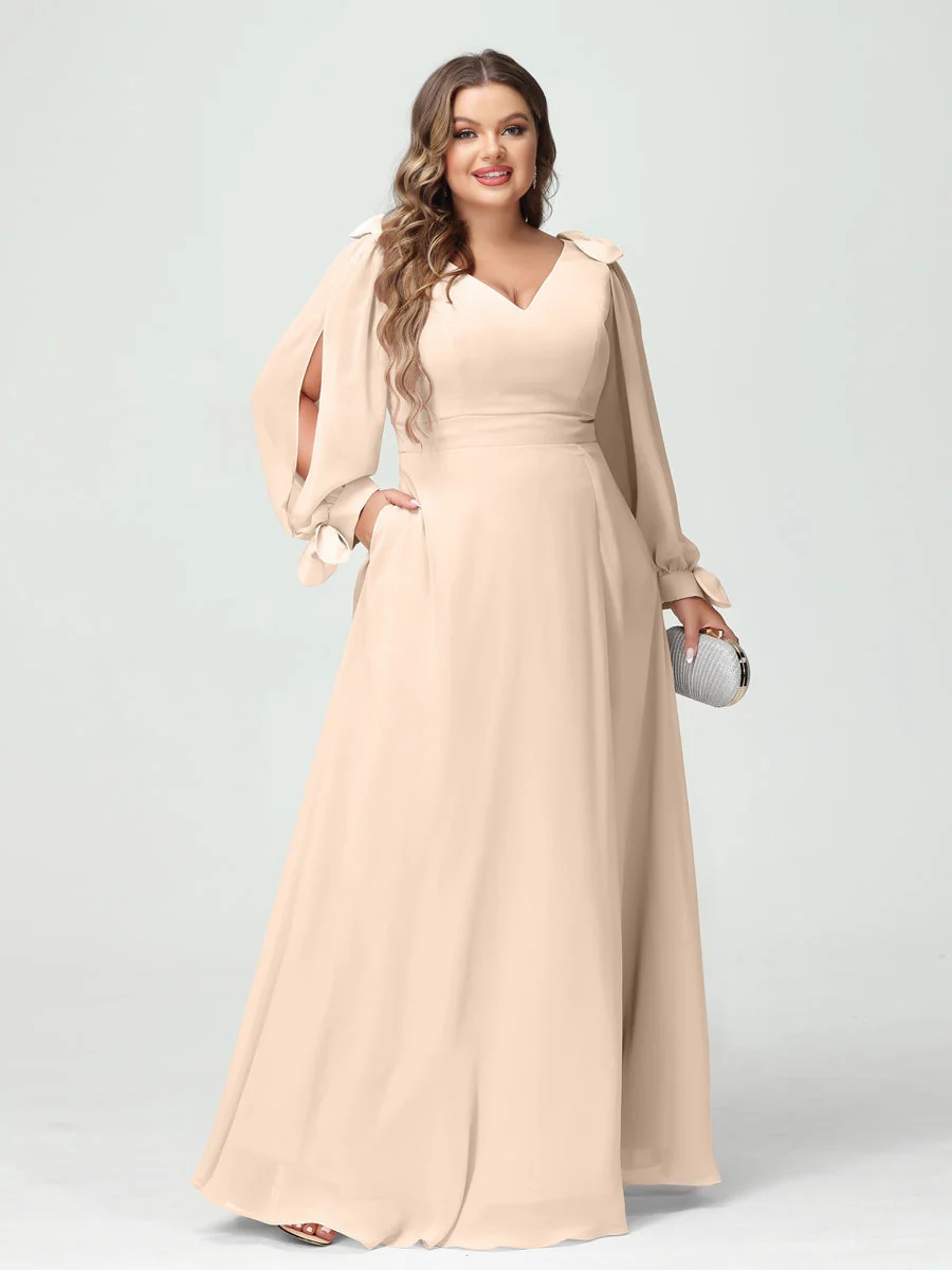 A-Line/Princess V-Neck Long Sleeves Plus Size Bridesmaid Dresses with Pockets & Split Side - Image 23