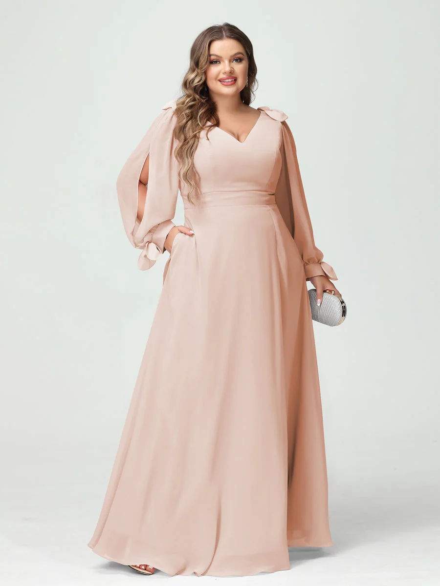 A-Line/Princess V-Neck Long Sleeves Plus Size Bridesmaid Dresses with Pockets & Split Side - Image 28