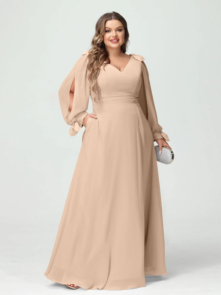 A-Line/Princess V-Neck Long Sleeves Plus Size Bridesmaid Dresses with Pockets & Split Side - Image 29