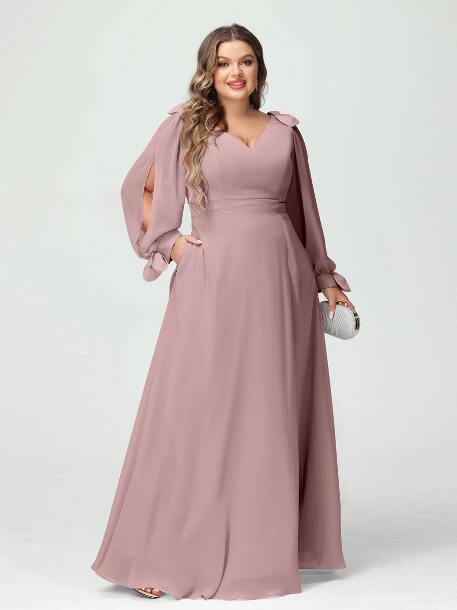 A-Line/Princess V-Neck Long Sleeves Plus Size Bridesmaid Dresses with Pockets & Split Side - Image 30