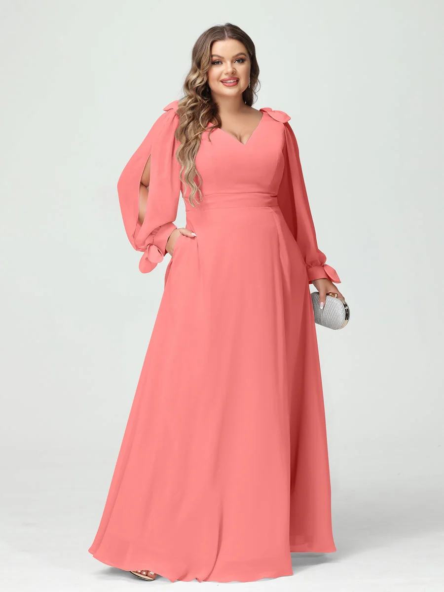 A-Line/Princess V-Neck Long Sleeves Plus Size Bridesmaid Dresses with Pockets & Split Side - Image 32