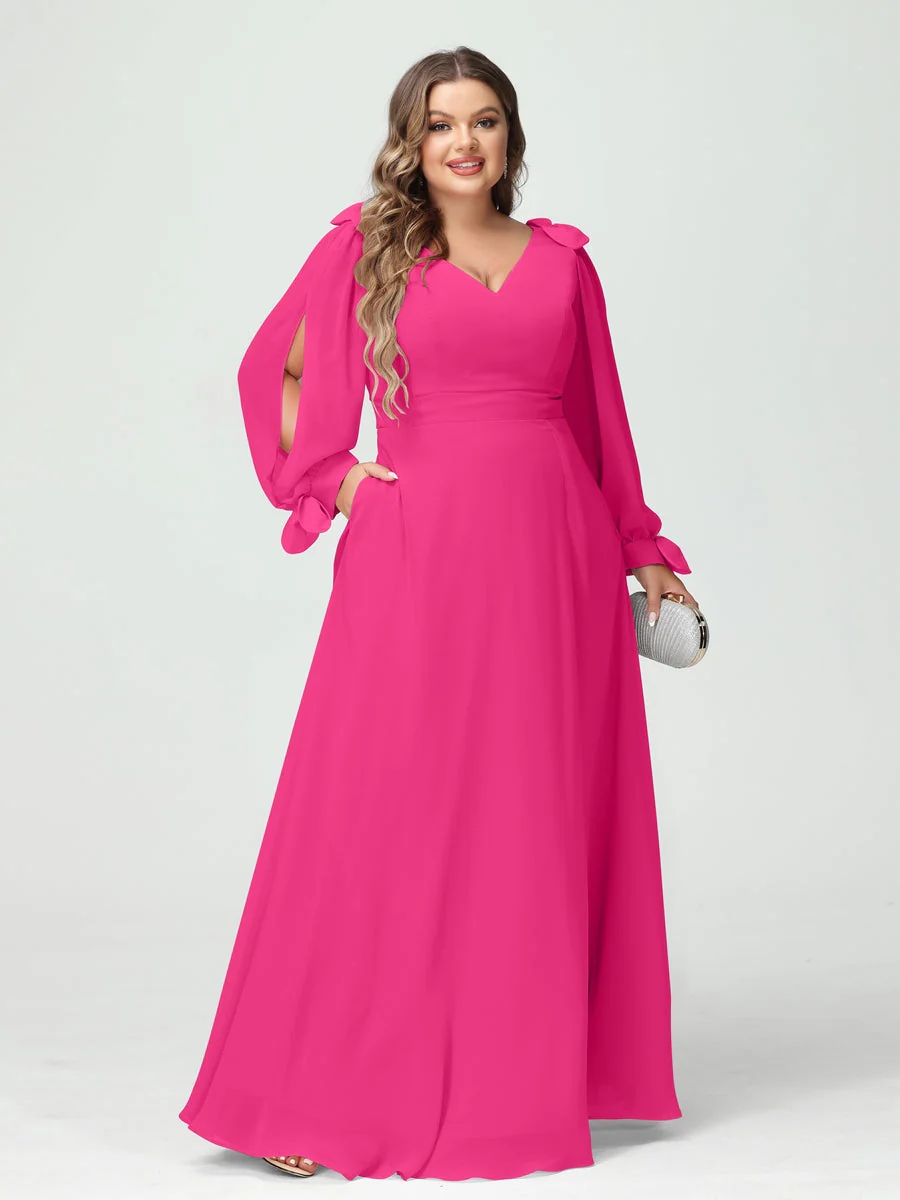 A-Line/Princess V-Neck Long Sleeves Plus Size Bridesmaid Dresses with Pockets & Split Side - Image 33