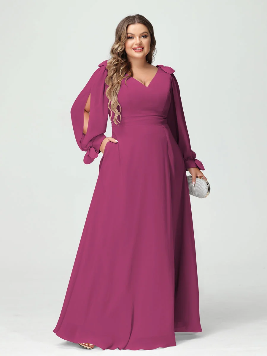 A-Line/Princess V-Neck Long Sleeves Plus Size Bridesmaid Dresses with Pockets & Split Side - Image 35