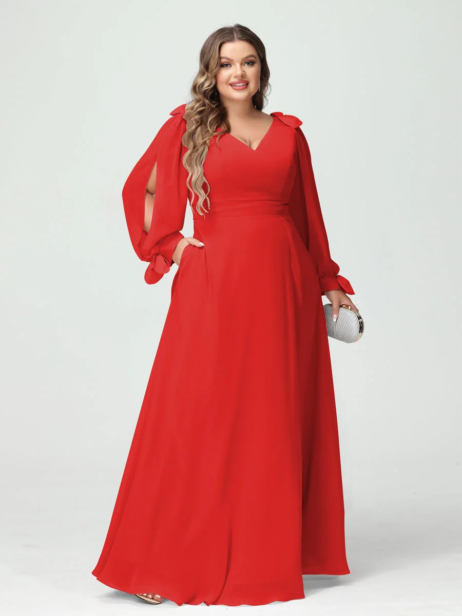 A-Line/Princess V-Neck Long Sleeves Plus Size Bridesmaid Dresses with Pockets & Split Side - Image 36