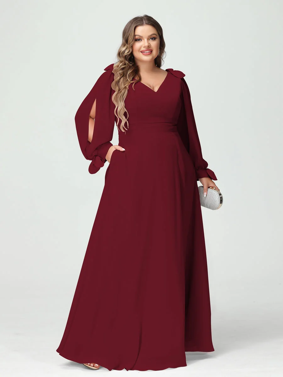 A-Line/Princess V-Neck Long Sleeves Plus Size Bridesmaid Dresses with Pockets & Split Side - Image 37