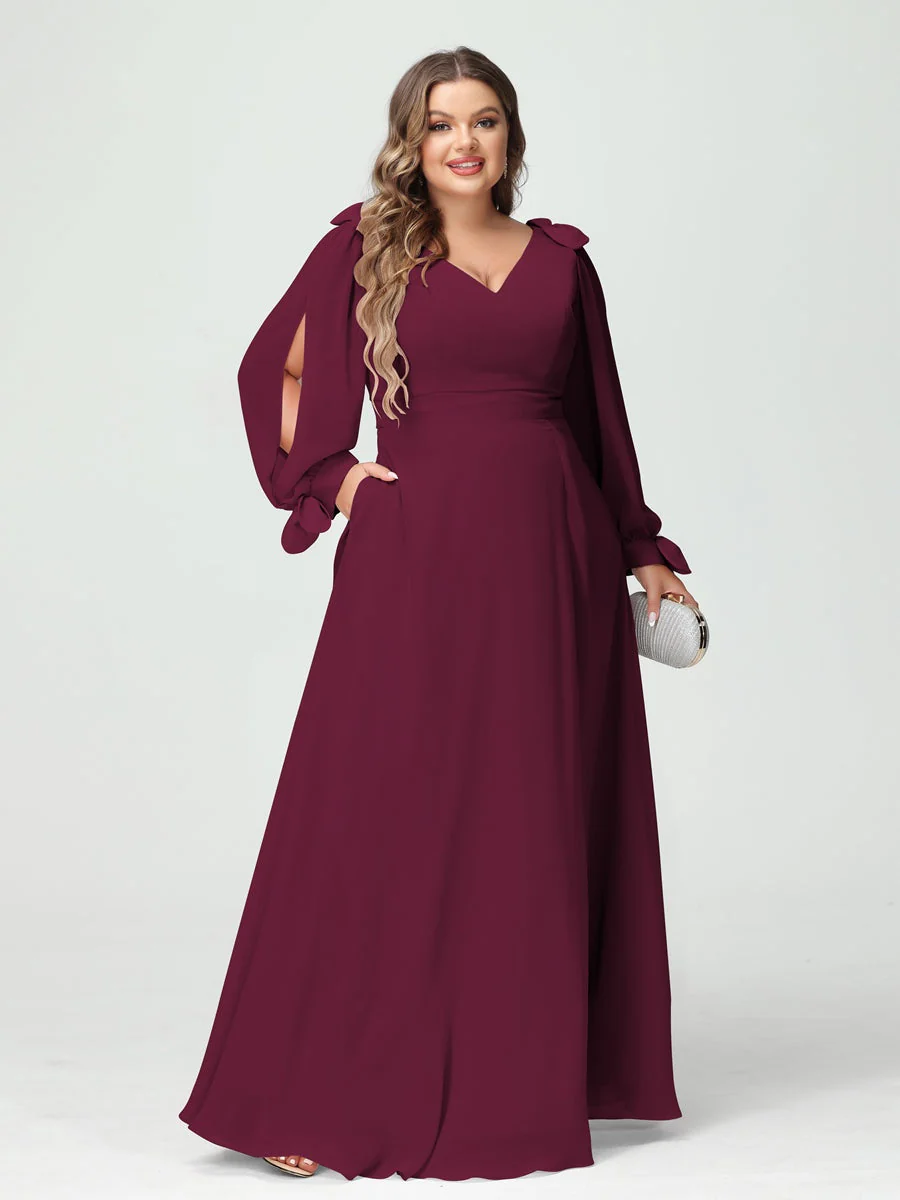 A-Line/Princess V-Neck Long Sleeves Plus Size Bridesmaid Dresses with Pockets & Split Side - Image 38