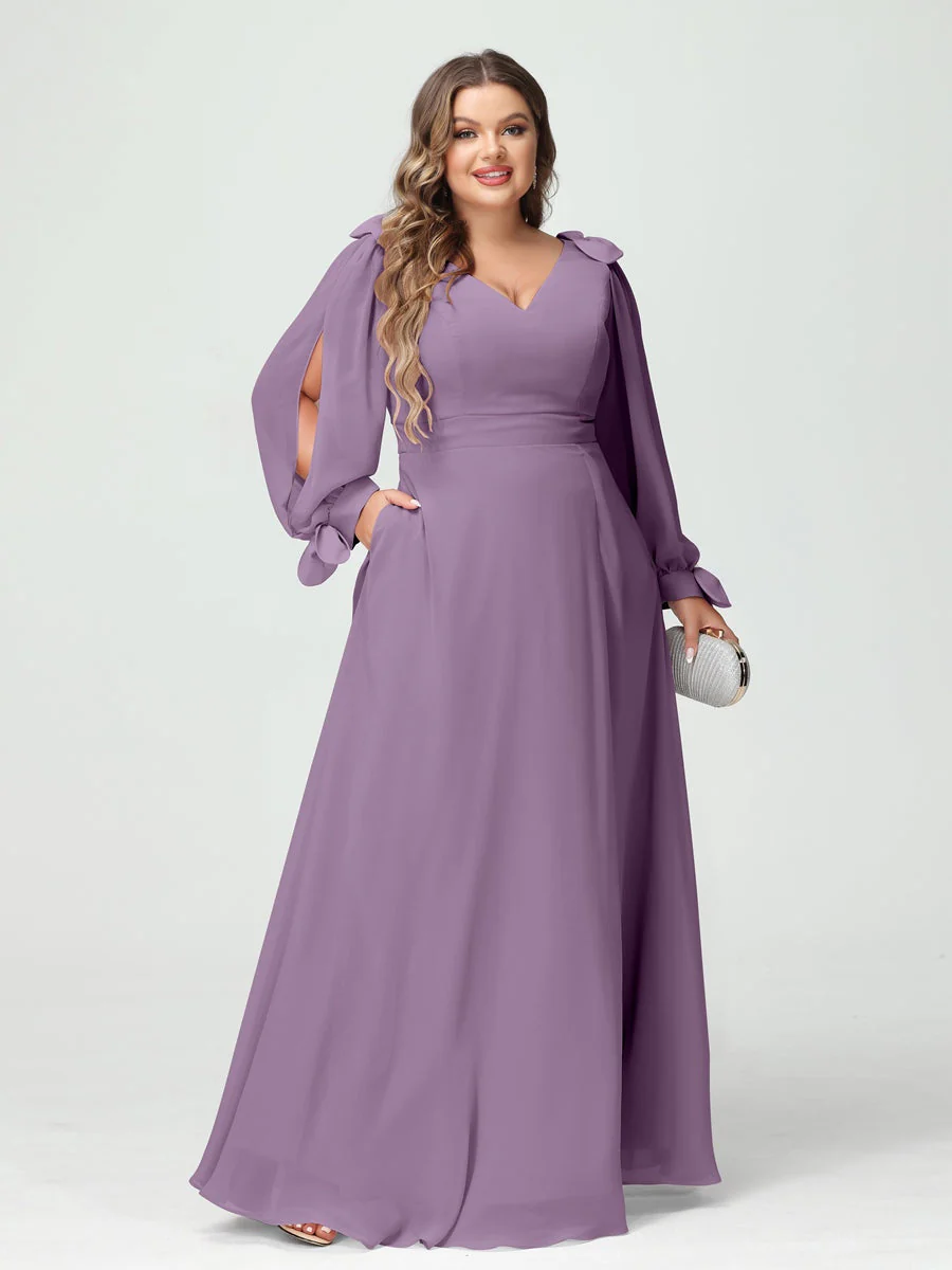 A-Line/Princess V-Neck Long Sleeves Plus Size Bridesmaid Dresses with Pockets & Split Side - Image 40