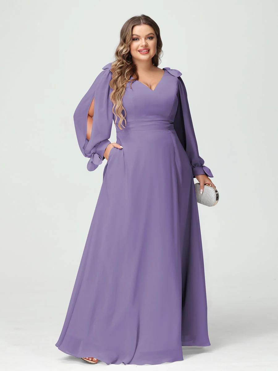 A-Line/Princess V-Neck Long Sleeves Plus Size Bridesmaid Dresses with Pockets & Split Side - Image 41