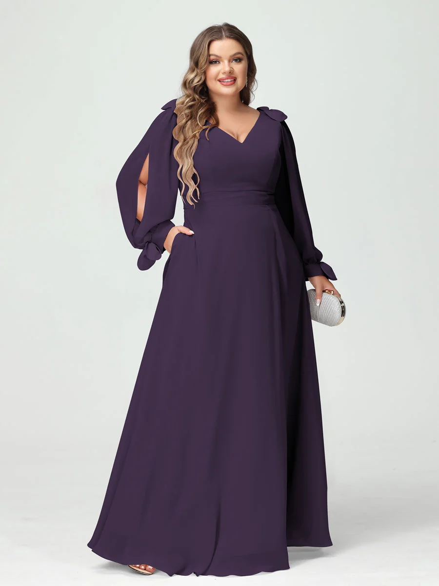A-Line/Princess V-Neck Long Sleeves Plus Size Bridesmaid Dresses with Pockets & Split Side - Image 45