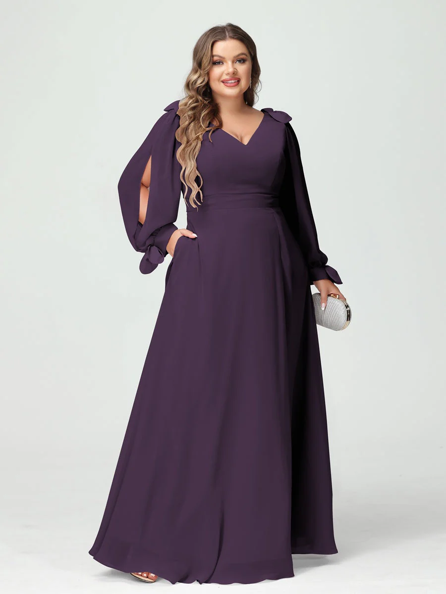 A-Line/Princess V-Neck Long Sleeves Plus Size Bridesmaid Dresses with Pockets & Split Side - Image 46