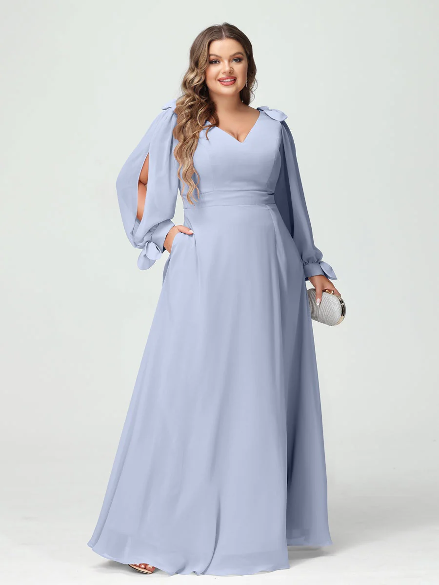 A-Line/Princess V-Neck Long Sleeves Plus Size Bridesmaid Dresses with Pockets & Split Side - Image 48