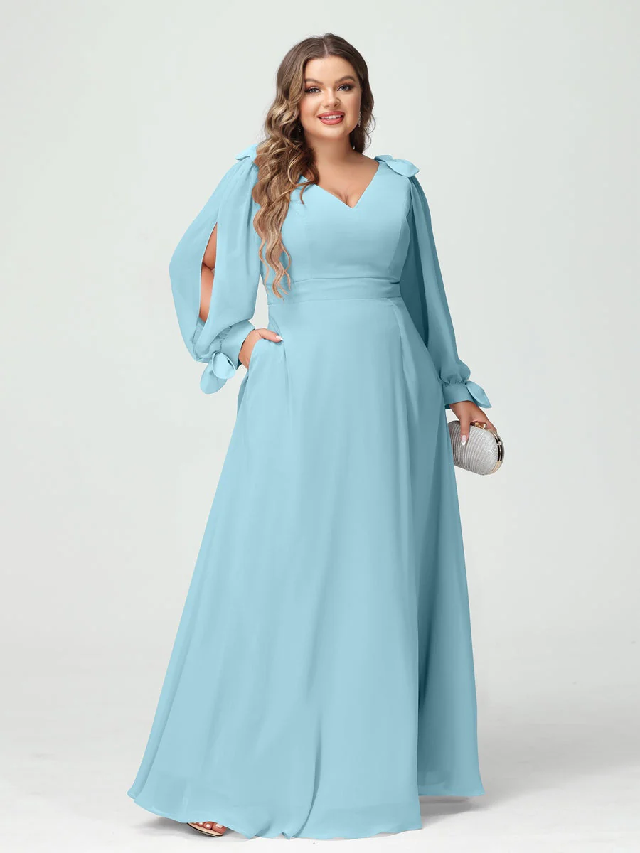 A-Line/Princess V-Neck Long Sleeves Plus Size Bridesmaid Dresses with Pockets & Split Side - Image 49