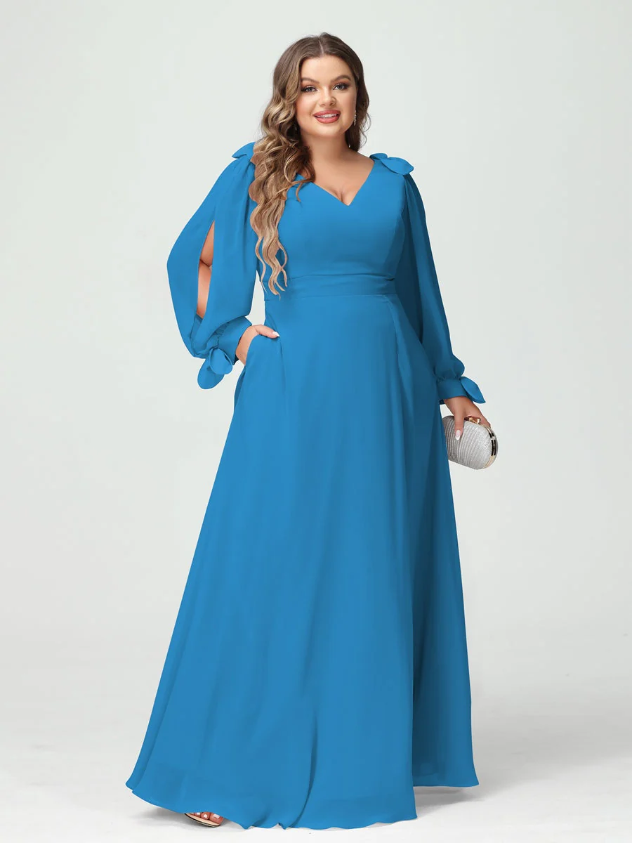 A-Line/Princess V-Neck Long Sleeves Plus Size Bridesmaid Dresses with Pockets & Split Side - Image 53