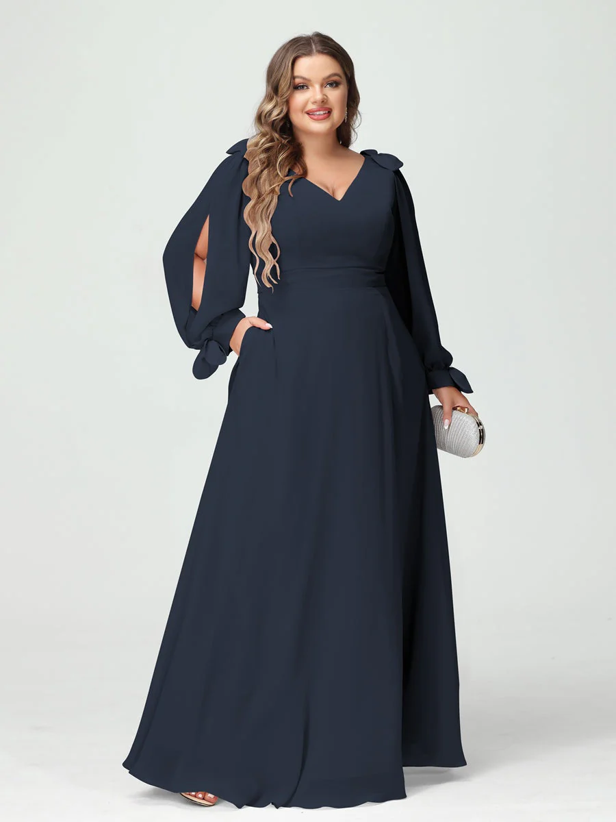 A-Line/Princess V-Neck Long Sleeves Plus Size Bridesmaid Dresses with Pockets & Split Side - Image 59