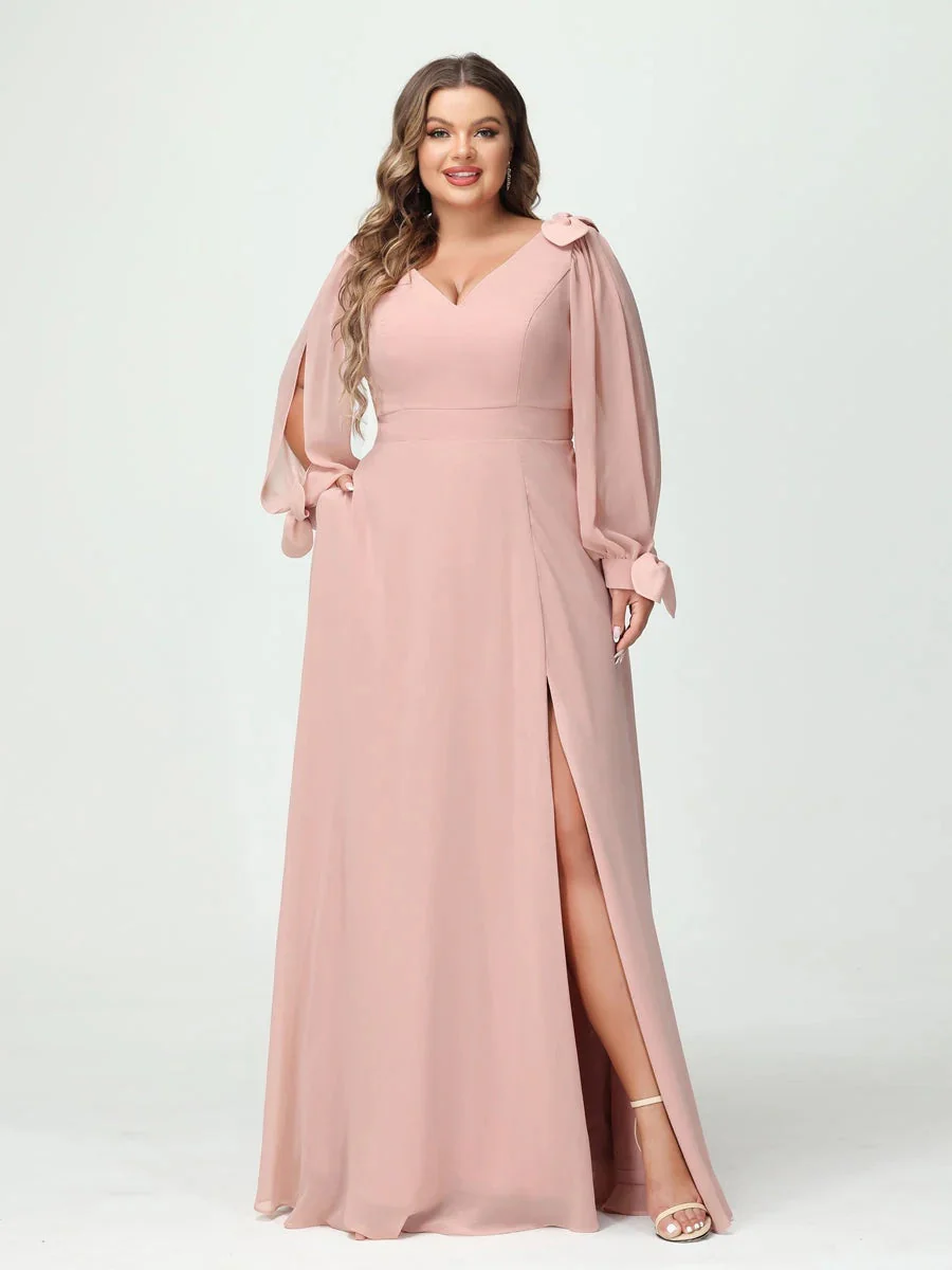 A-Line/Princess V-Neck Long Sleeves Plus Size Bridesmaid Dresses with Pockets & Split Side - Image 6