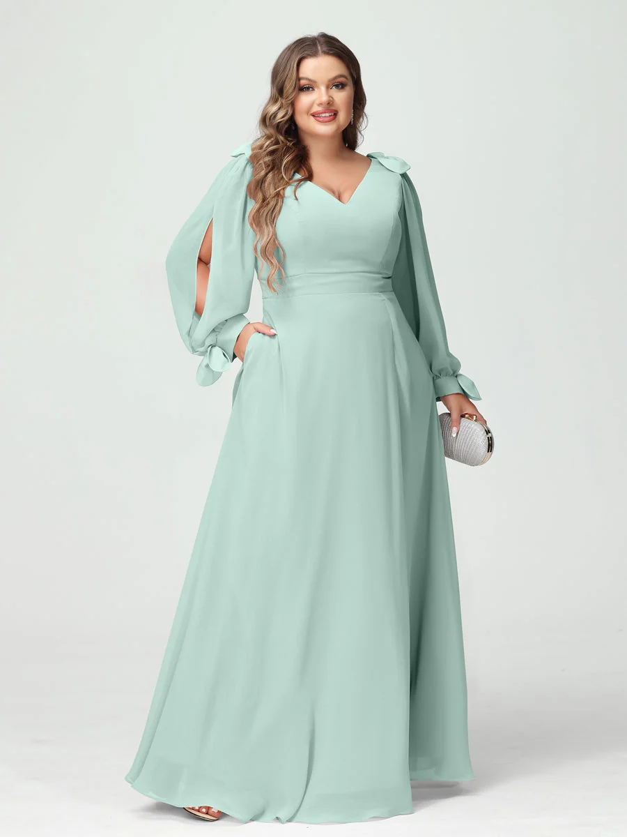 A-Line/Princess V-Neck Long Sleeves Plus Size Bridesmaid Dresses with Pockets & Split Side - Image 60
