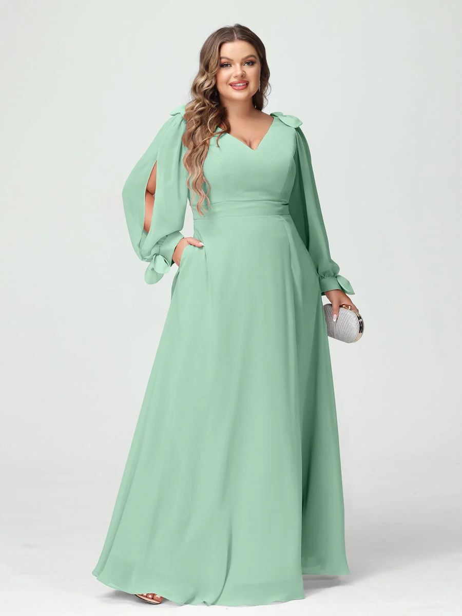 A-Line/Princess V-Neck Long Sleeves Plus Size Bridesmaid Dresses with Pockets & Split Side - Image 61