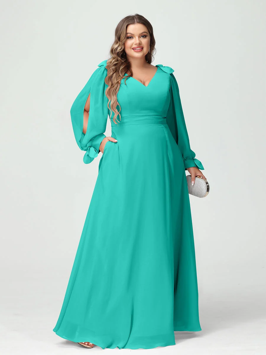A-Line/Princess V-Neck Long Sleeves Plus Size Bridesmaid Dresses with Pockets & Split Side - Image 63
