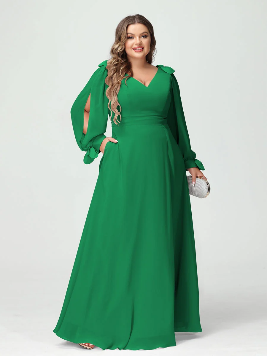 A-Line/Princess V-Neck Long Sleeves Plus Size Bridesmaid Dresses with Pockets & Split Side - Image 64