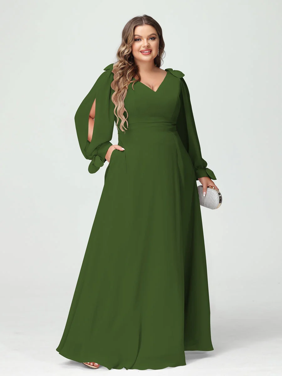A-Line/Princess V-Neck Long Sleeves Plus Size Bridesmaid Dresses with Pockets & Split Side - Image 65