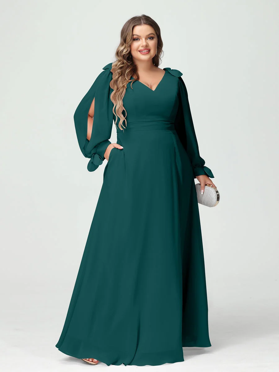 A-Line/Princess V-Neck Long Sleeves Plus Size Bridesmaid Dresses with Pockets & Split Side - Image 66