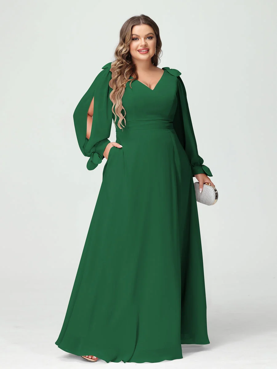A-Line/Princess V-Neck Long Sleeves Plus Size Bridesmaid Dresses with Pockets & Split Side - Image 67