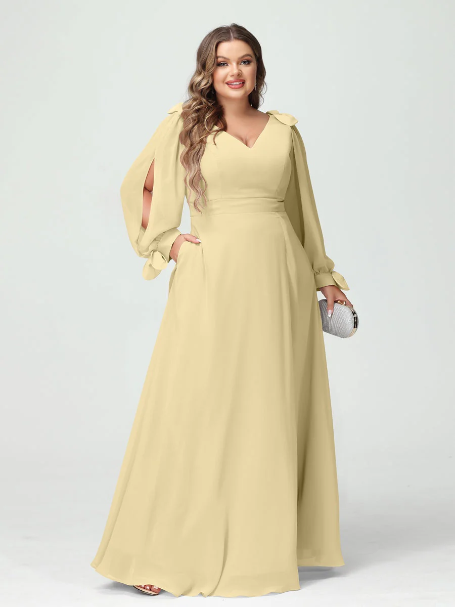 A-Line/Princess V-Neck Long Sleeves Plus Size Bridesmaid Dresses with Pockets & Split Side - Image 68