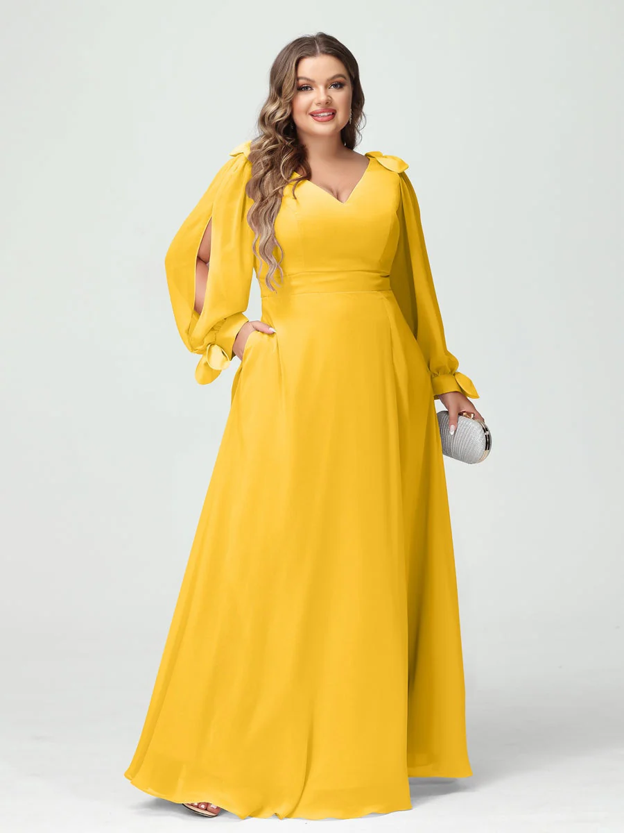 A-Line/Princess V-Neck Long Sleeves Plus Size Bridesmaid Dresses with Pockets & Split Side - Image 71