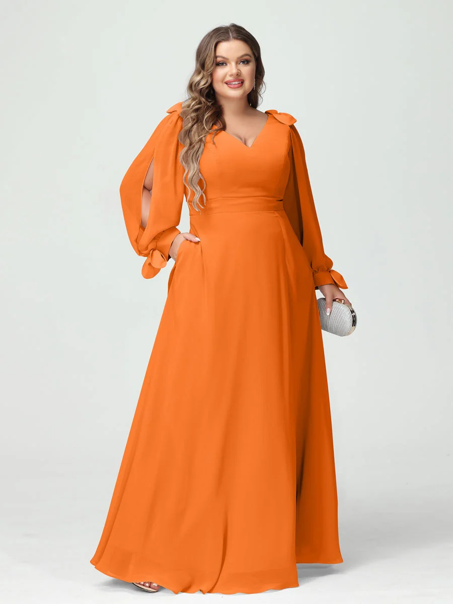 A-Line/Princess V-Neck Long Sleeves Plus Size Bridesmaid Dresses with Pockets & Split Side - Image 72